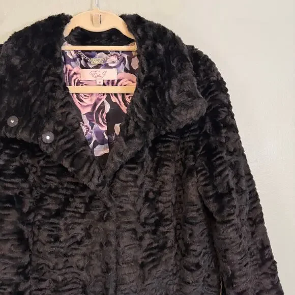 Eliza J Faux Fur Coat Womens Medium Black Teddy Snap Cozy Winter Floral Lined